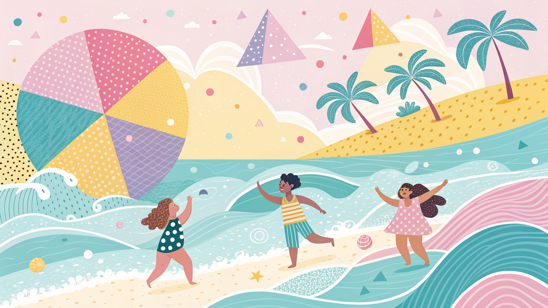A sunny 90s-style pastel beach with palm trees, beach balls and umbrellas